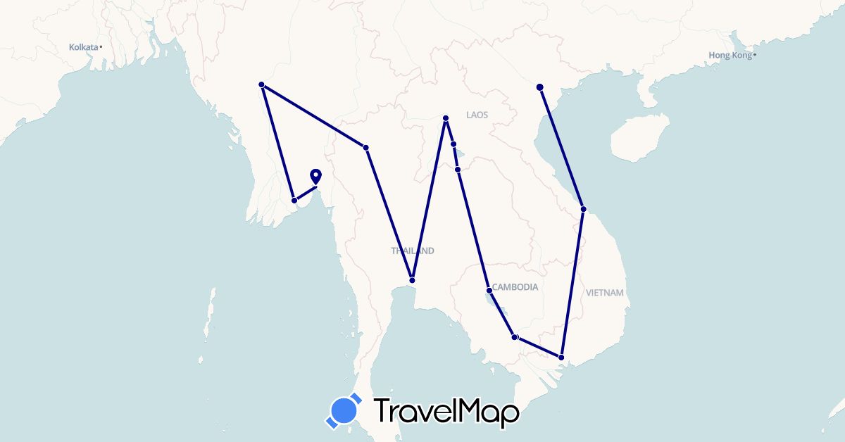 TravelMap itinerary: driving in Cambodia, Laos, Myanmar (Burma), Thailand, Vietnam (Asia)